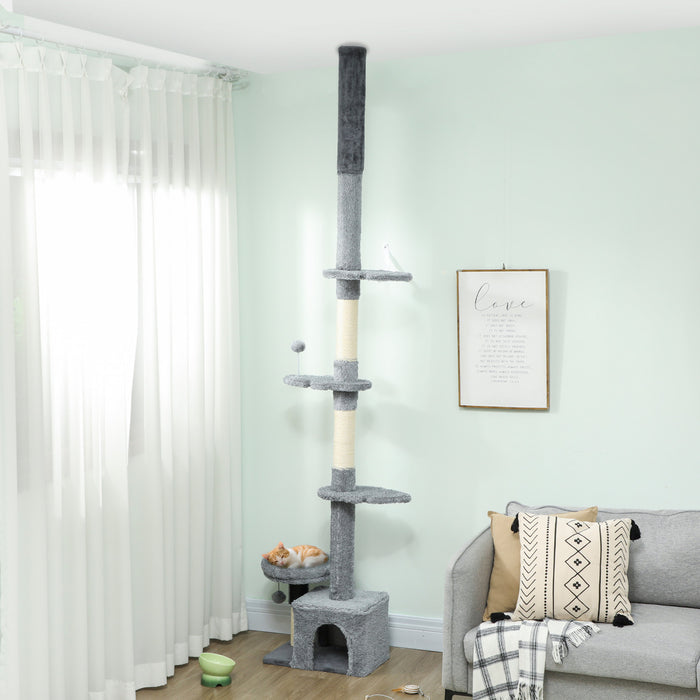 PawHut Floor to Ceiling Cat Tree, 4 Tiers Cat Tower, Adjustable Height 89-100\", Tall Kitty Climbing Tower w/ Scratching Post, Condo, Bed, Perches, Dangling Ball for Indoor Kittens