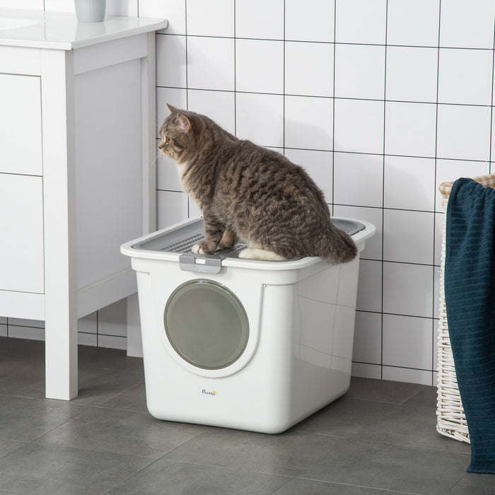 Pawhut Cat Litter Box, Enclosed Kitty Litter Box With Front Entrance, Top Exit, Scoop, Easy Cleaning Pet Toilet For Cats, White
