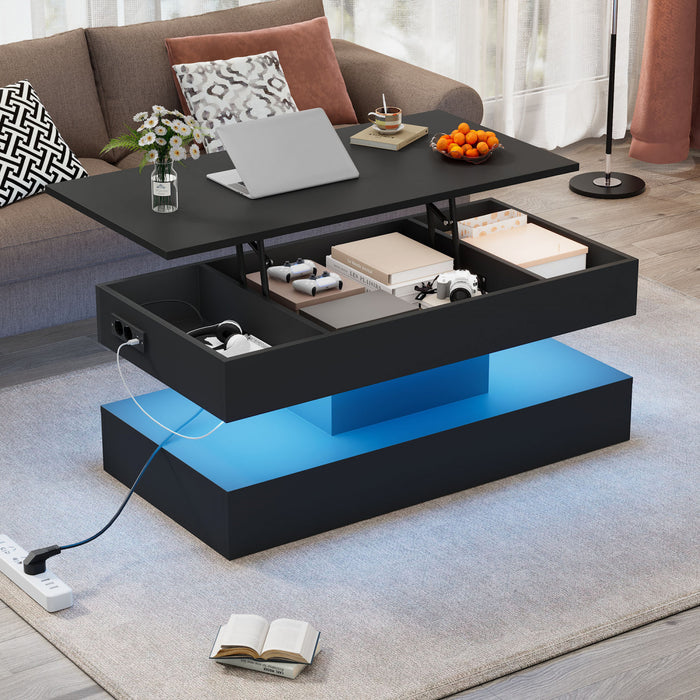 Flexi 39.9 Inch Hydraulic Lift-Top Coffee Table with LED Lighting and Hidden Storage, Black