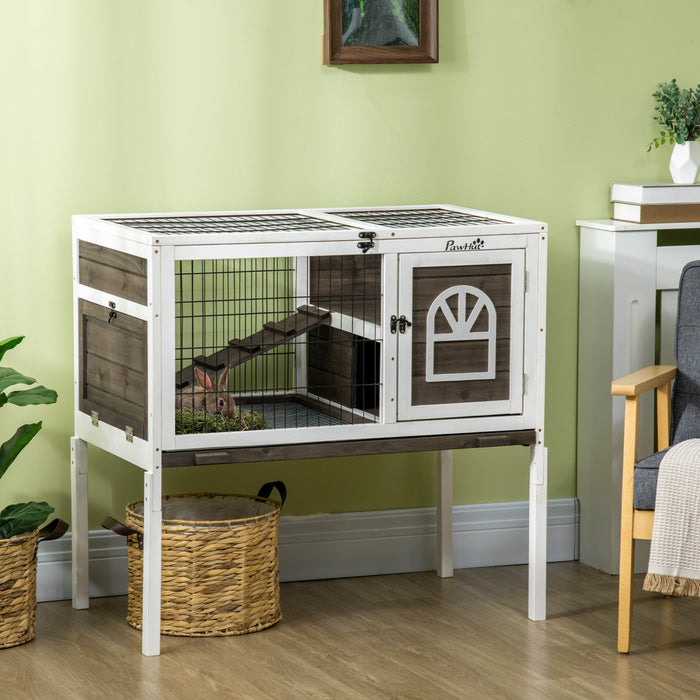 PawHut Rabbit Hutch, Indoor Elevated Bunny Cage with Run, Ladder, Slide-Out Tray and Lockable Doors, Rabbit House Guinea Pig Cage with Dual-Height Design, Coffee