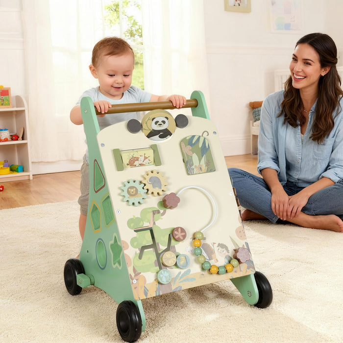 Qaba Wooden Baby Walker, Push Along Walker Toys with Speed Control, Montessori Learning Activity Centre with Xylophone, gears and Bead Maze for 18+ Months Boys Girls, Green
