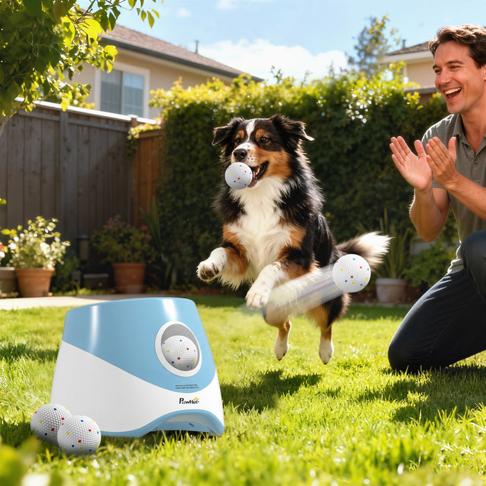 PawHut Automatic Dog Ball Launcher with 5 2.3\" ETPU Balls, Dog Ball Thrower with 3 Distance Settings (20/33/46 ft), Indoor Outdoor Interactive Toy for Small Medium Breeds, Blue