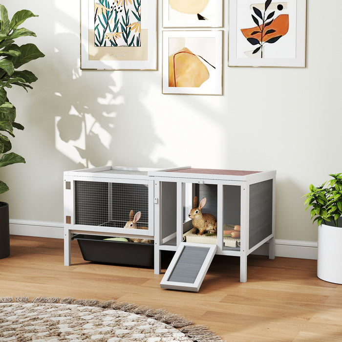 PawHut Rabbit Hutch, Wooden Guinea Pig Cage with Run, Openable Top, Pull Out Tray and Ramp, Hamster Cage with Water-Resistant Roof for Indoor Outdoor, Grey