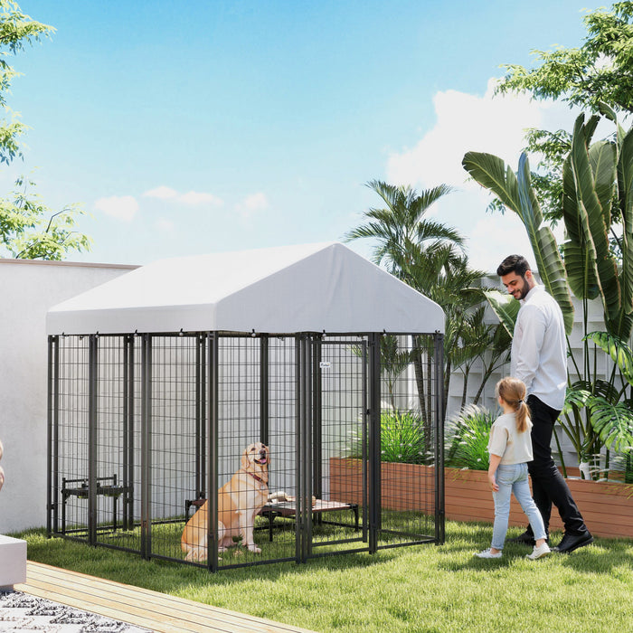 Pawhut 6' X 6' X 6' Dog Run Outdoor, Large Outdoor Dog Kennel Welded Wire Steel Fence With Uv-resistant & Waterproof Cover, Secure Lock, Silver