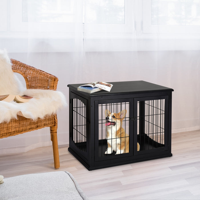 Pawhut 32\" Wooden Dog Crate Furniture Dog Cage, Modern Side Table Pet Kennel With Double Lockable Door, 32\" L X 23\" W X 26\" H, Black
