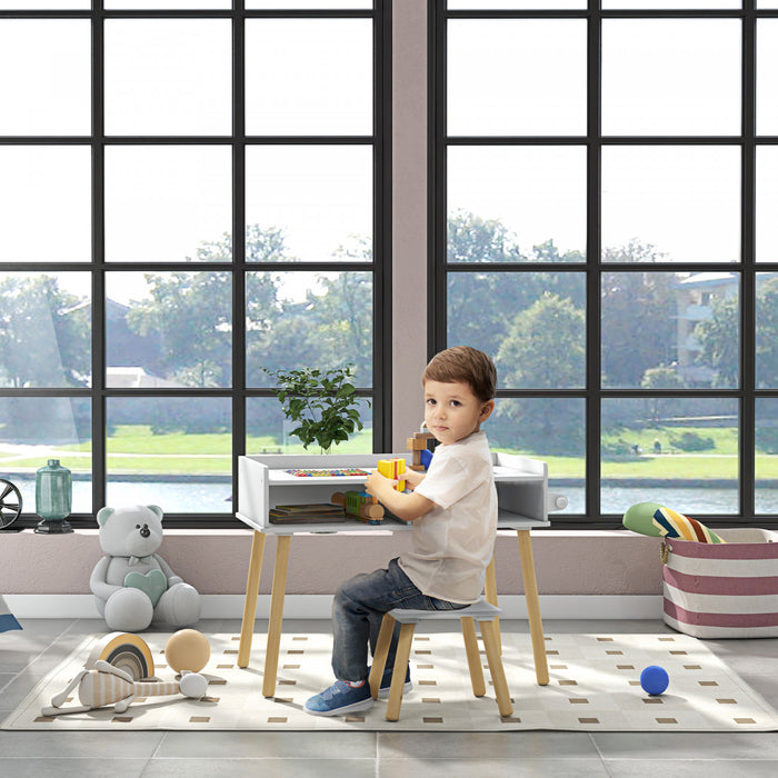 Qaba Kids Table And Chair Set, 3 In 1 Toddler Activity Table With Building Blocks Board, Paper Roll, Storage, For Playing, Drawing, Reading, Art, Craft, For Nursery, Playroom, Grey
