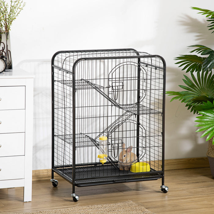Pawhut 4-tier Metal Small Animal Cage With Wheels, Metal Bunny Playpen With 2 Doors, Platforms, Ramps, Sliding Tray, For Ferret, Chinchilla