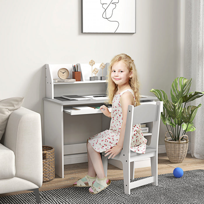 Qaba Kids Desk And Chair Set For 5-8 Year Old With Storage, Study Table And Chair For Children, Grey