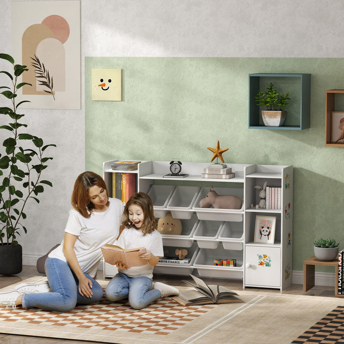 Qaba Kids Bookshelf and Toy Storage Organizer, Children Bookcase with 8 Removable Storage Bins, Shelves, 2 Cabinets for Playroom, Nursery, Kids Room, White