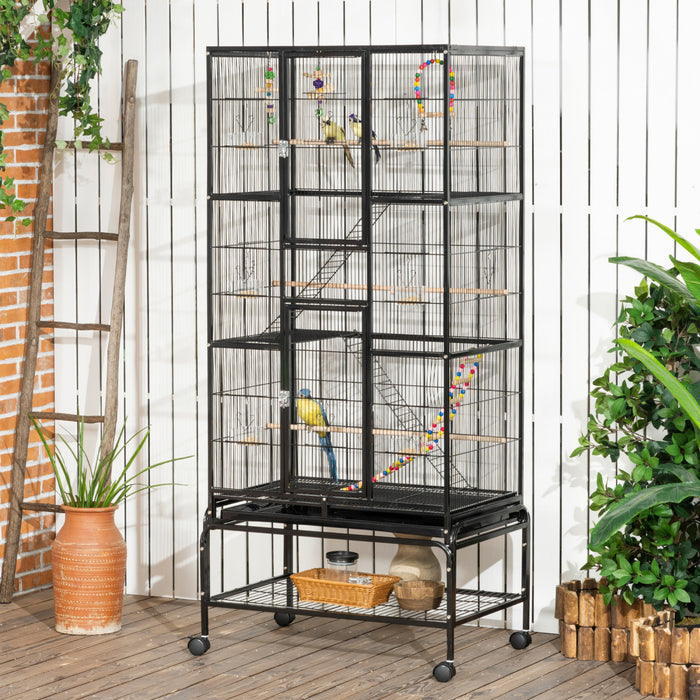 Pawhut 71\" Bird Cage, 3 Tier Large Parrot Cage With Wheels, Perches, Ramp, Storage Shelf, Toys For Canaries, Finches, Cockatiels, Parakeets, Black