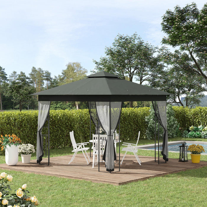 Outsunny 10'x10' Gazebo Canopy Outdoor Patio Sun Shelter Uv Protect W/ 2-tier Polyester Roof Curtain Sidewalls And Steel Frame Grey