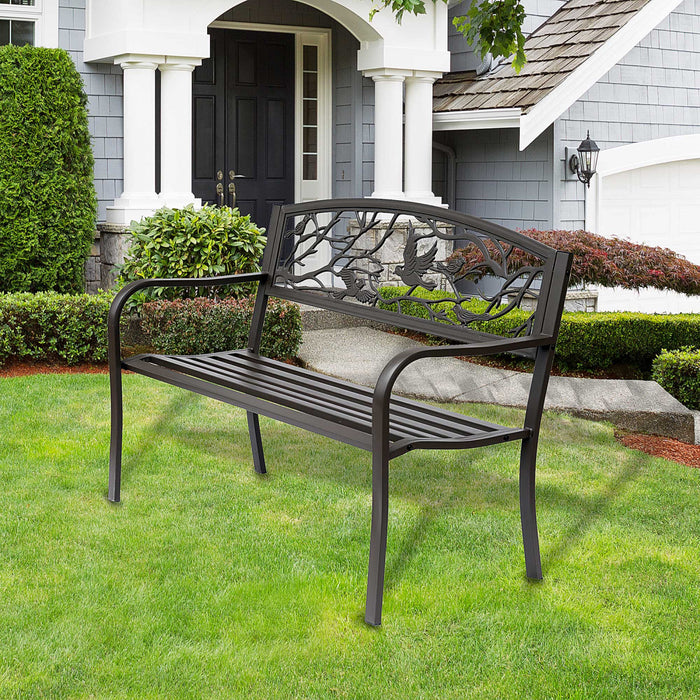 Outsunny 50\" Outdoor Metal Garden Bench With Vintage Bird Pattern, Brown