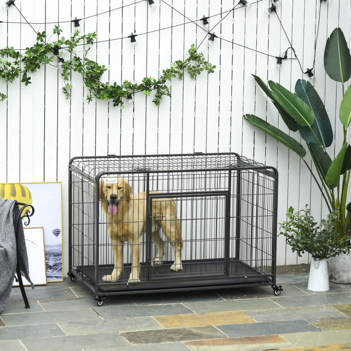 Pawhut Folding Heavy Duty Dog Crate Heavy Duty Cage For Extra Large Sized Dogs With Double Doors, Lockable Wheels Tray, 49\" X 30\" X 32\"