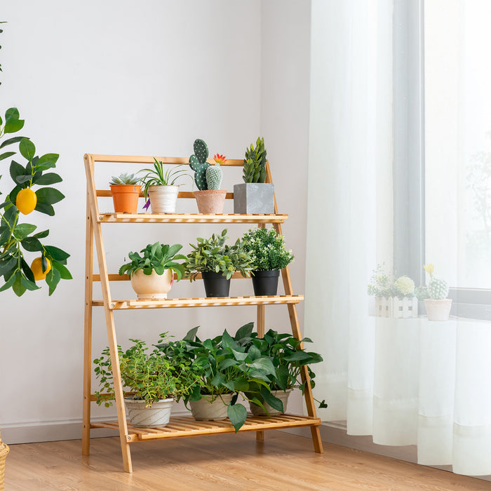 Costway 3 Tier Bamboo Flower Pot Shelf Stand Folding Display Rack Garden Yard