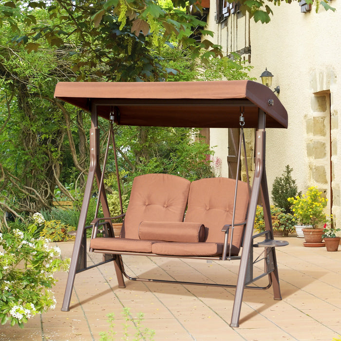 Outsunny 2-person Patio Swing Outdoor Swing Chair Canopy Swing With Adjustable Shade, Soft Cushions, Throw Pillow And Tray For Garden, Poolside, Backyard, Brown