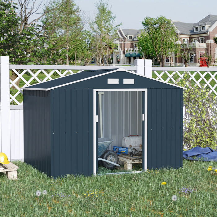 Outsunny 9' X 6' Garden Storage Shed With Floor Foundation, Metal Tool Storage House With Double Doors For Outdoor Patio Yard, Dark Grey