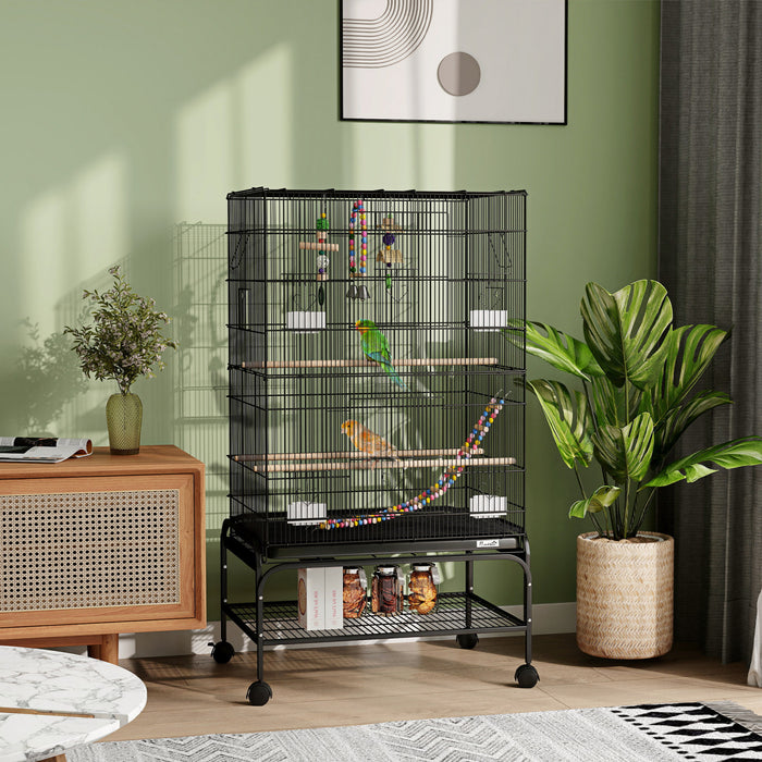 Pawhut 43\" Bird Cage For Budgies Cockatiels Canaries Lovebirds Finches With Rolling Stand, Toys, Removable Tray, Storage Shelf, Black