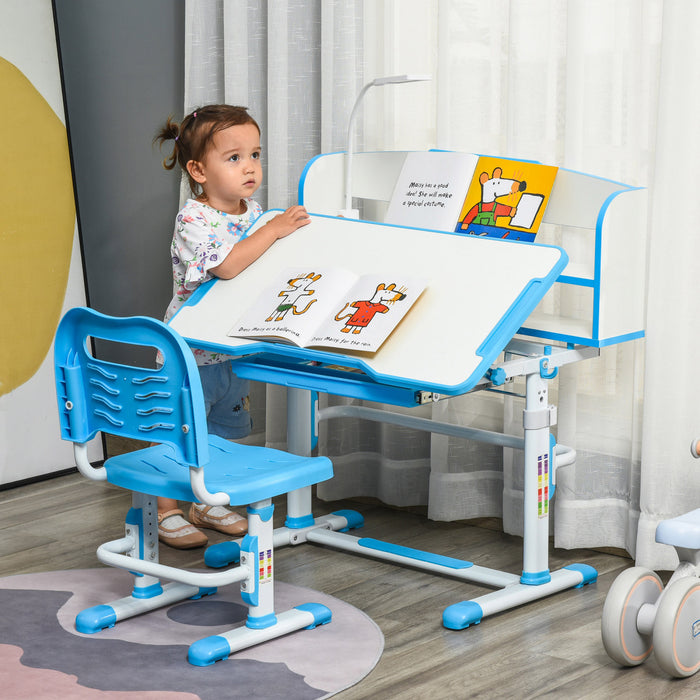 Qaba Kids Desk And Chair Set Height Adjustable Student Writing Desk Children School Study Table With Led Lamp, Bookshelf, Drawer, Reading Board, Pen Slot, Hook, Blue