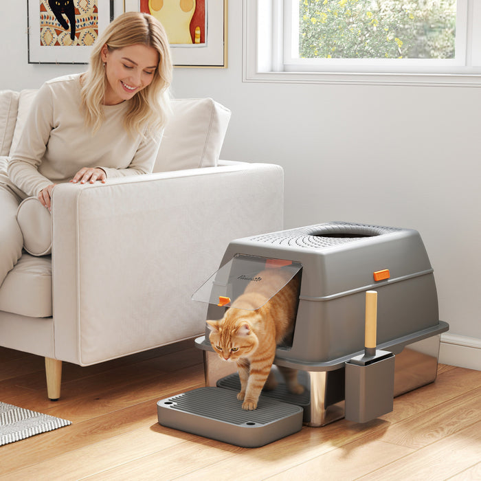 PawHut XL Stainless Steel Litter Box with Lid, 80L Extra Large Enclosed Cat Litter Box with Front/Top Entry, Trapping Step, Scoop, for Large Big Cats, Dark Grey