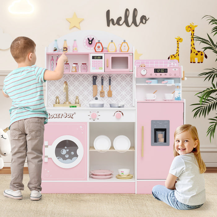 Honeyjoy Kids Kitchen Set Wooden Kitchen Playset With Clock, Microwave, Sink, Dish Rack Pink