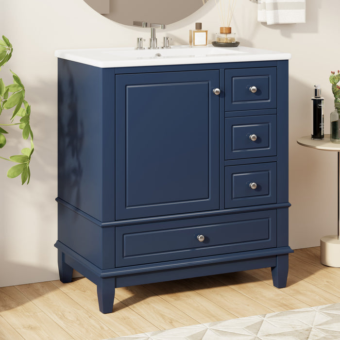 Emma 30\" Solid Wood Bathroom Vanity with Ceramic Sink and Soft-Close Door, Blue