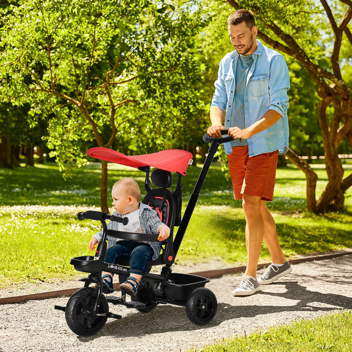 Qaba Kids Tricycle 4 In 1 Trike With Reversible Angle Adjustable Seat Removable Handle Canopy Handrail Belt Storage Footrest Brake Clutch For 1-5 Years Old Red