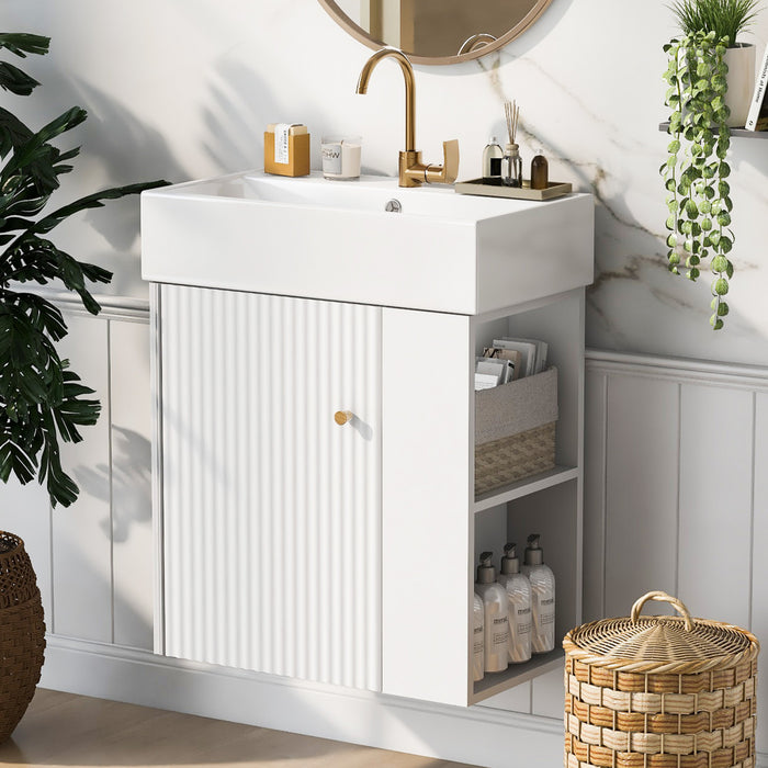 Rachel 21.6\" Floating Bathroom Vanity With Ceramic Basin, Soft-close Door, And Right Side Storage