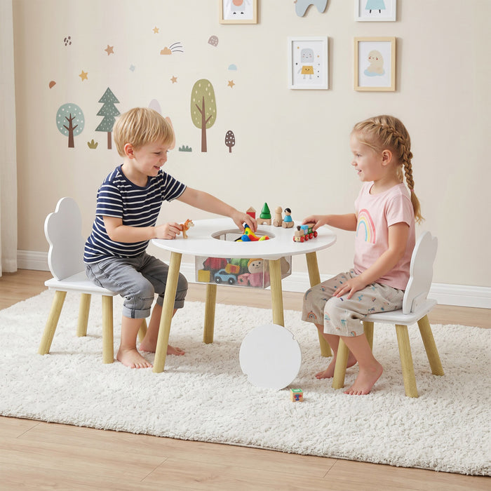 Qaba 3 Pieces Activity Table and Chair Set with Mesh Bag, Kids Table with Cloud-Shaped Chairs for Playroom, Nursery, Classroom, White
