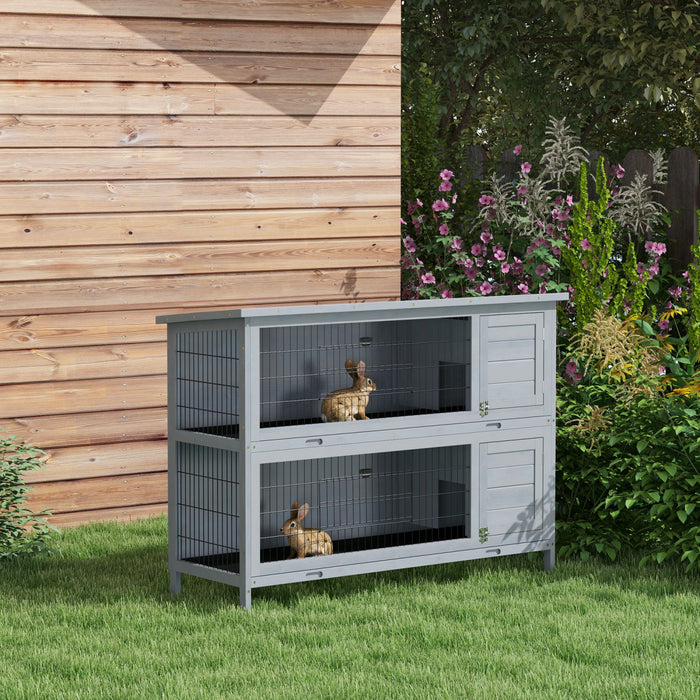 Pawhut 54\" 2-story Large Rabbit Hutch Bunny Cage Wooden Pet House Small Animal Habitat With Lockable Doors, No Leak Tray And Waterproof Roof For Rabbits, Chickens, Ducks, Outdoor/indoor Gray