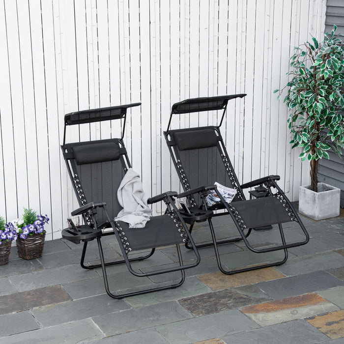 Outsunny 2 Piece Foldable Lounge Chair With Canopy Shade, Black