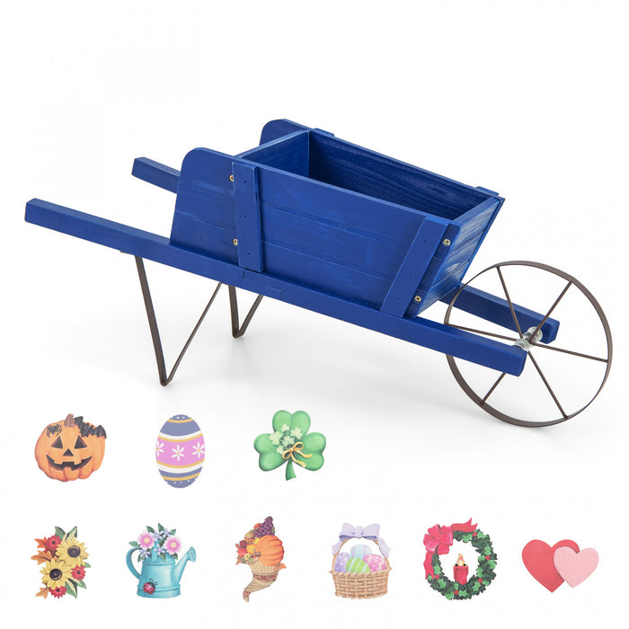 Costway Wooden Wagon Planter Decorative Indoor/outdoor Rustic Flower Cart With Wheel Blue