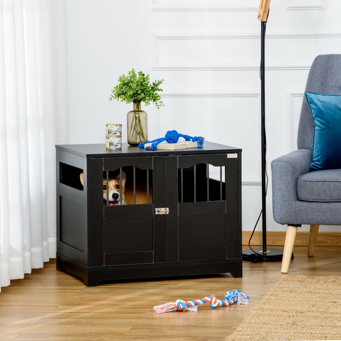 Pawhut 29.5\" Wooden Dog Cage With Windows, End Table Furniture Style, Modern Pet Kennel With Lockable Doors Elevated Base For Small And Medium-sized Dogs, Black