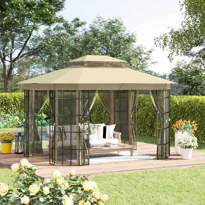 Outsunny 12' X 10' Steel Frame Patio Gazebo Outdoor Canopy Shelter With Double Vented Roof, Mosquito Netting, Beige