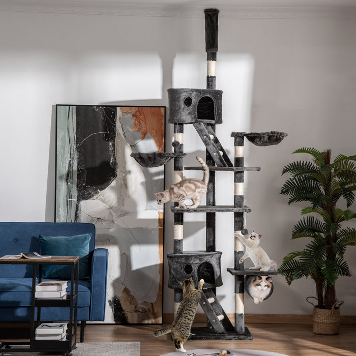 Pawhut 94\"-102\" Huge Cat Tree Ceiling High Cat Condo Scratching Post Activity Center Multi-level Play House Dark Grey