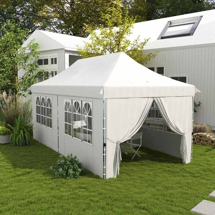 Outsunny 10 X 20ft Pop Up Canopy Tent With 6 Removable Sidewalls, Height Adjustable Large Instant Shelter With 4 Windows, Carry Bag, 6 Sand Bags For Outdoor, Garden, Patio, White