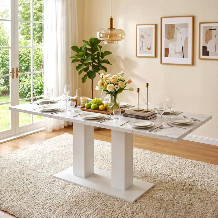 Vero 71 Inch Modern Rectangular Dining Table with Dual Pedestal Base and Marble Effect Finish, White Marble