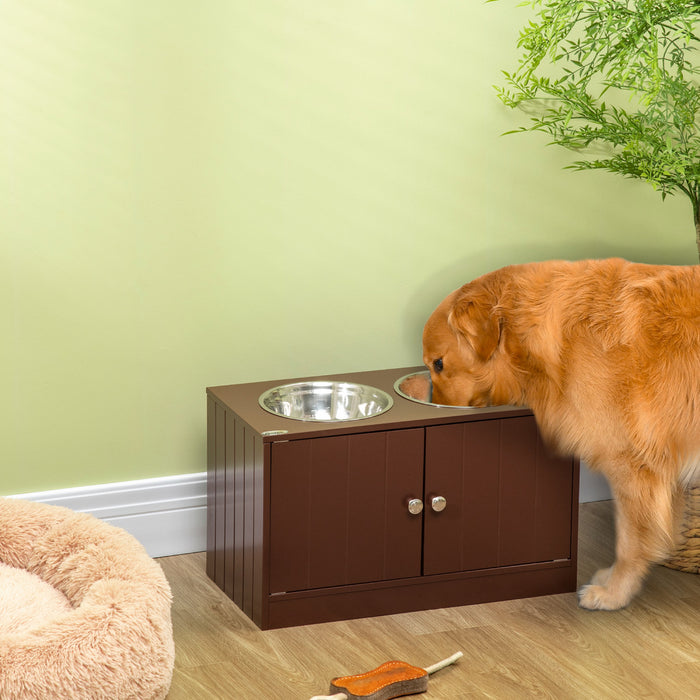 Pawhut Elevated Dog Bowls For Large Dogs Pet Feeding Station With Stand, Storage, 2 Stainless Steel Food And Water Bowls, Brown, 23.6\" X 11.8\" X 14\"