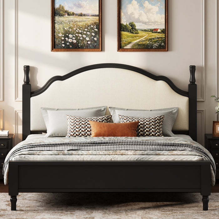 Miles Queen Size Wood Platform Bed with Curved Upholstered Headboard, Black