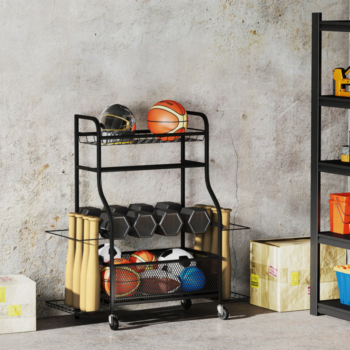 Soozier Sports Equipment Organizer, Rolling Garage Storage Rack with Wheels, Steel Home Gym Storage Cart with Dumbbell Rack, Ball Storage Holder, Baskets for Indoor Outdoor