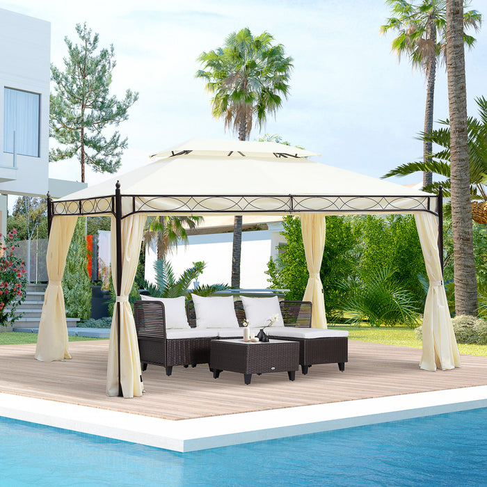 Outsunny 10x13ft Garden Gazebo Double-tiered With Curtain Outdoor Shelter Backyard Canopy Cream White