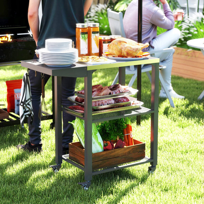 Outsunny 3-Shelf Outdoor Grill Cart with Foldable Side Table, 22\" x 16.1\" Pizza Oven Stand with Stainless Steel Tabletop, Hooks, Movable Food Prep Table on Wheels