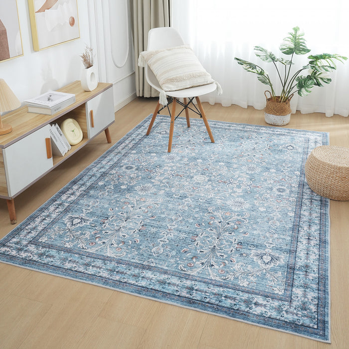 Aqua Green Flora Washable Non-slip Low Pile Area Rug 5'x7'
