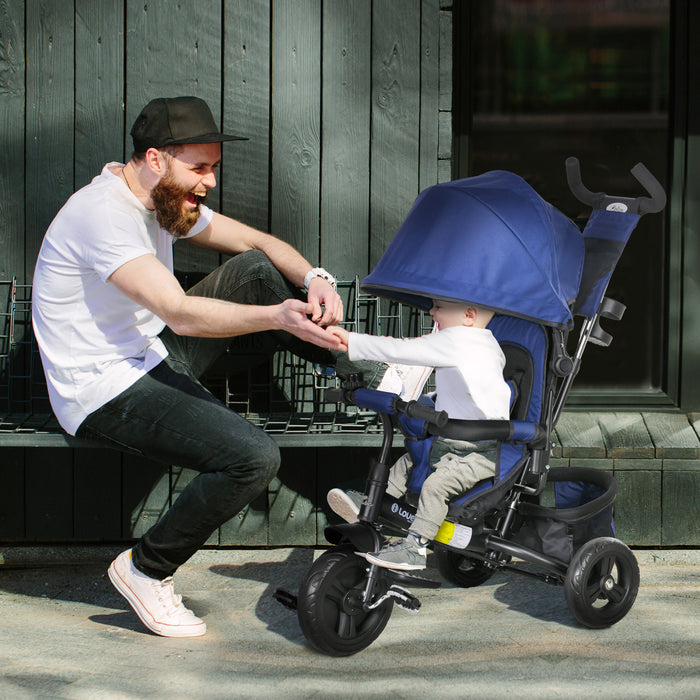 Qaba 6 In 1 Toddler Tricycle, Kids Trike With Foldable Canopy, Removable Parent-push Handle And Cover, Storage Basket, 5-point Safety Belt, For Child 1-5 Years, Dark Blue
