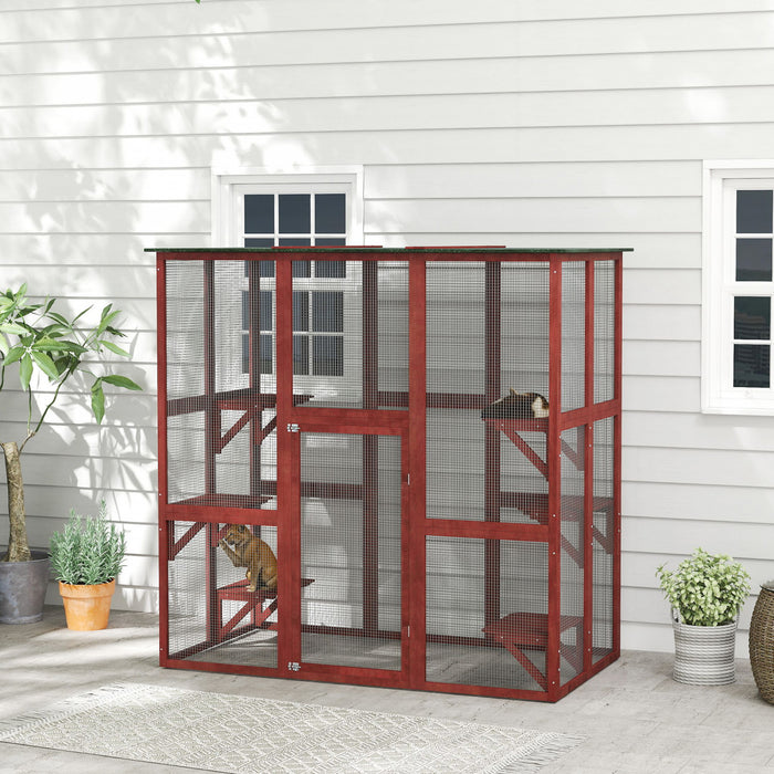 Pawhut Large Outdoor Catio Enclosure, Weatherproof Cat House With Asphalt Roof, Wooden Cat Patio Cage With 6 Balanced Platforms, 71\" X 39\" X 71\", Wine Red