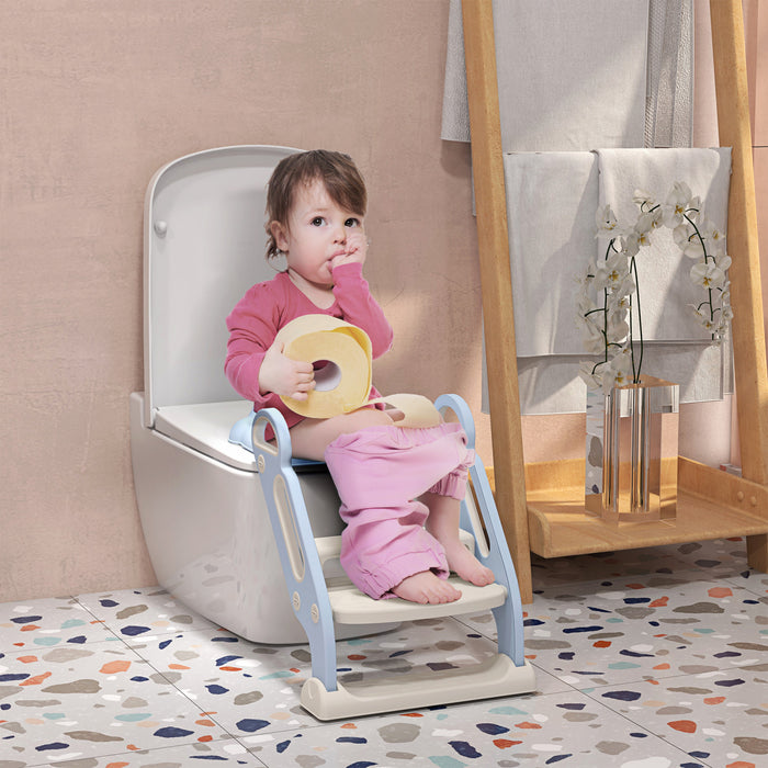 Qaba Potty Training Toilet Seat With Step Stool Ladder, Children Toilet Training Seat Chair With Soft Cushion, Handles, Non-slip Wide Steps, Splash Guard, For Boys And Girls, Blue