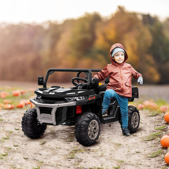 Aosom 2-seater Ride On Car, 12v 7ah Kids Utv, Ride On Dump Truck With Electric Dump Bed And Shovel, Remote Control, 4 Spring Suspension, Music, Lights, For Boys Girls, Black