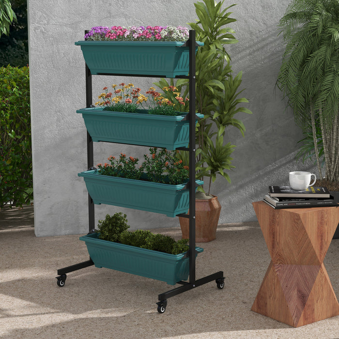Outsunny 4-tier Vertical Raised Garden Bed With 4 Planter Boxes, Wheels, Outdoor Plant Stand Grow Container With Leaking Holes For Balcony Patio Outdoor, Green