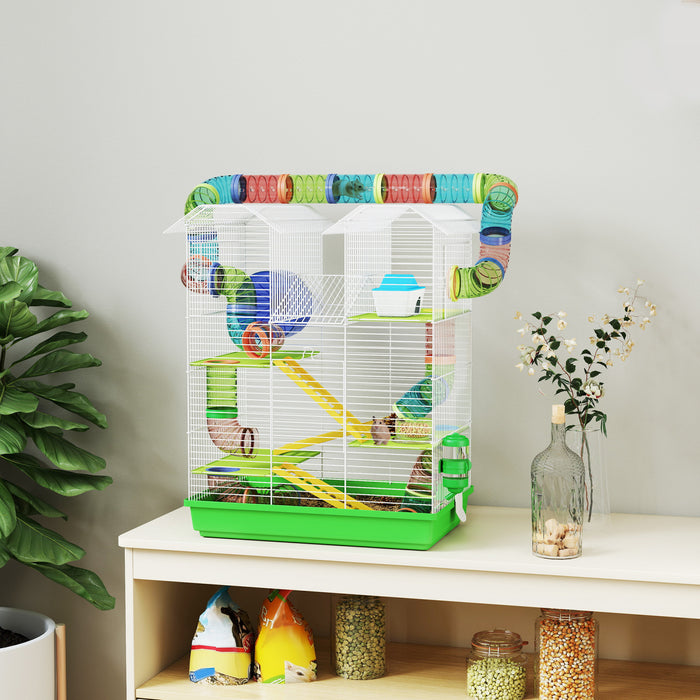 Pawhut 18.5\" Hamster Cage, 5 Tiers Small Animal House With Tunnel Tube System, Exercise Wheel, Water Bottle, Food Dish, Ramp, Green