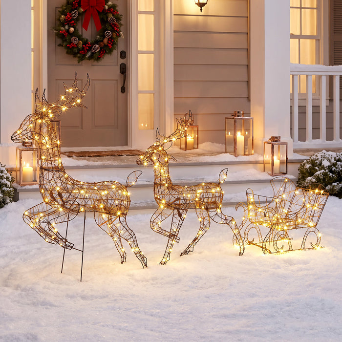 Outsunny 3-Piece Christmas Lighted Reindeer and Sleigh Set for Outdoor