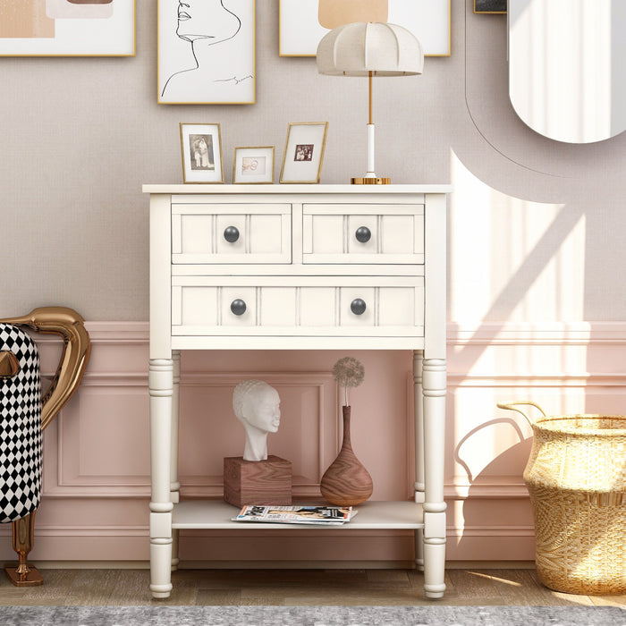 Olivia Solid Wood Console Table With Drawers And Bottom Shelf - White